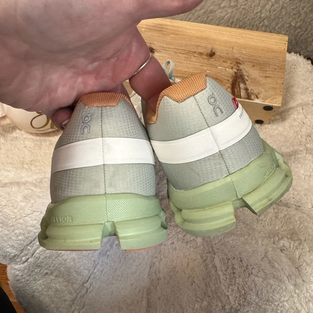 On Running green, White and Tan Sneakers